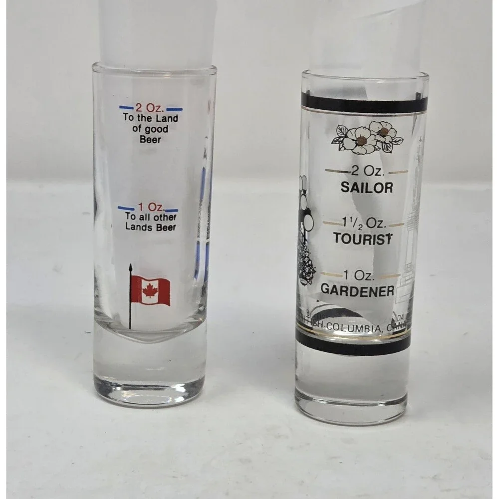 Vintage Vancouver Victoria BC Canada Souvenir Tall Shooter Shot Glass Set 2 Pair